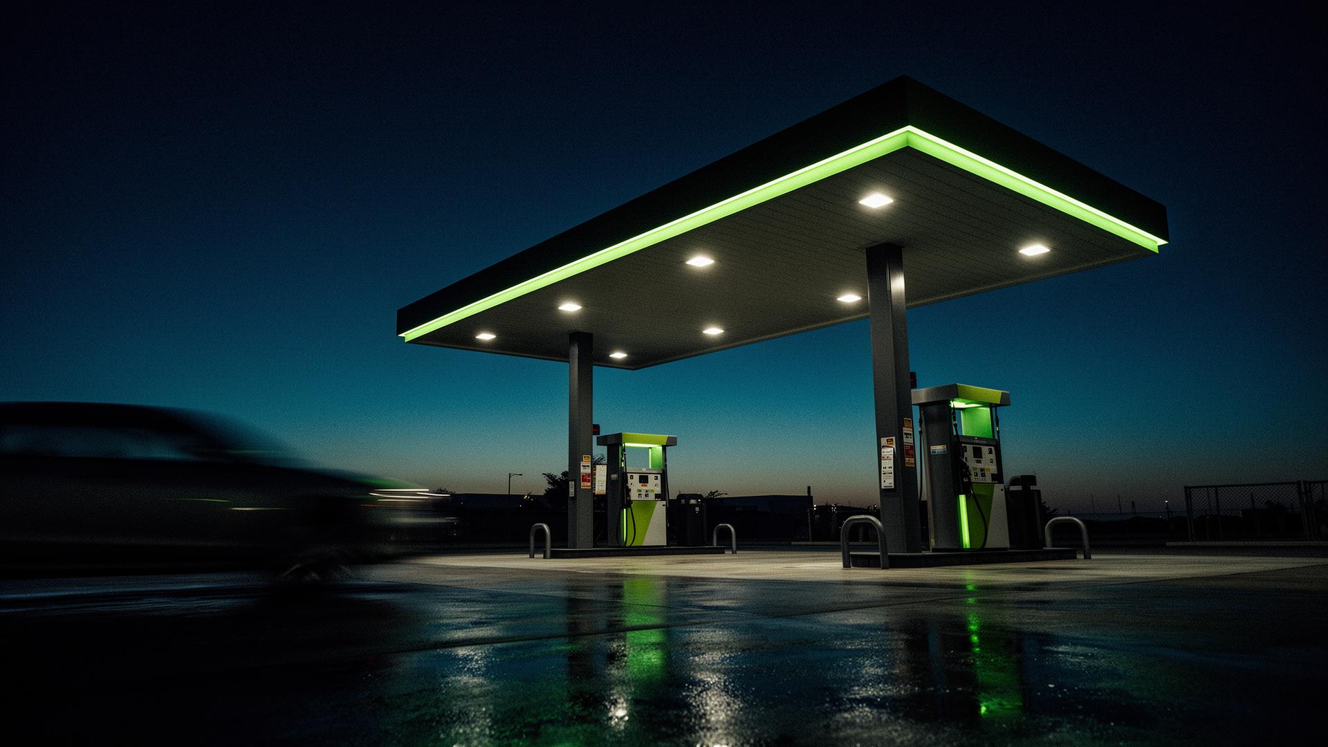 Posto de combustíveis em operação noturna com iluminação verde